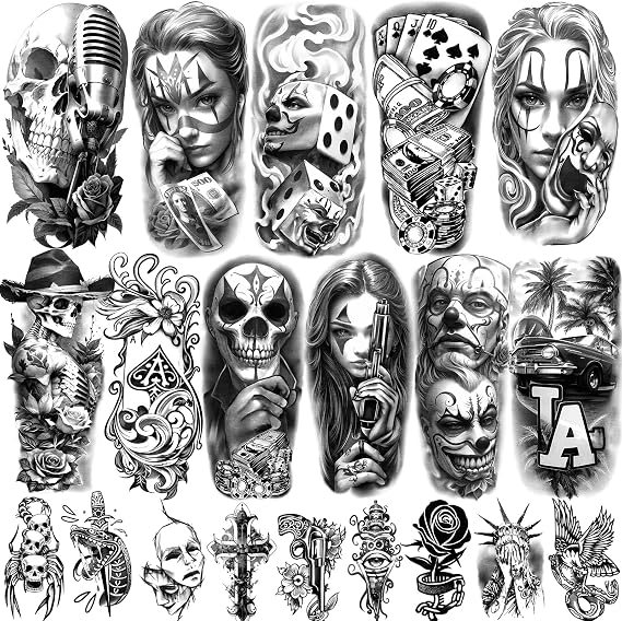 77 Sheets Temporary Tattoos, Chicano Large Fake Tattoos Chicano Guadalupe Gangster Prisoner Day of the Dead, Lowrider Style Culture Mexico Clown Fake Tattoo Stickers for Men Women Adults
