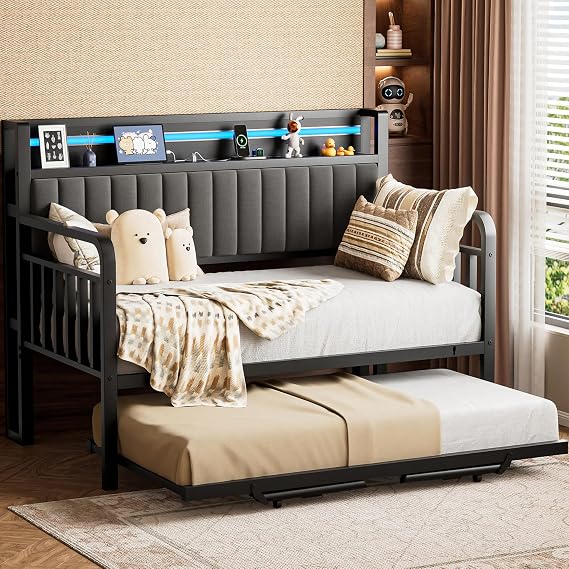 Daybed with Trundle and LED Light, Heavy Duty Metal Twin Bed Frame with Upholstered Storage Headboard & Charging Station, Day Bed Pop Up Trundle Bed Twin for Living Room,Bedroom and Guest Room (Black)
