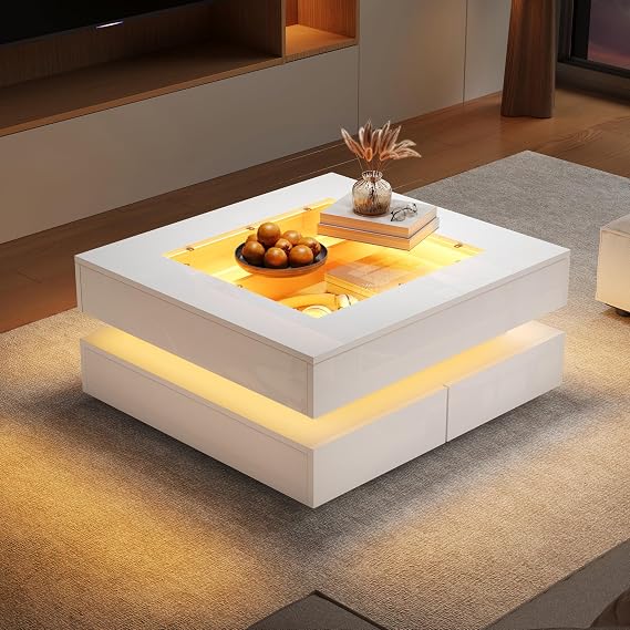 Merax High Gloss Square Coffee Table with LED, 3 Drawers Centre Table with Tempered Glass Top, Sofa Side Table & Tea Table for Living Room & Office, 70x70x35cm, White