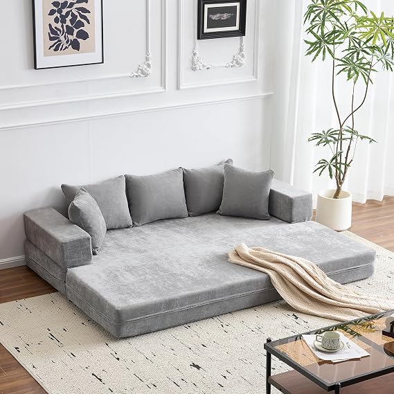 4-in-1 Convertible Folding Sofa Bed Queen, Sleeper Sofa Couch with Armrest and Pillows, Comfy Fold Out Floor Chaise Lounge, Chenille Foldable Futon Mattress For Living Room, Bedroom (Grey,20cm+20cm)