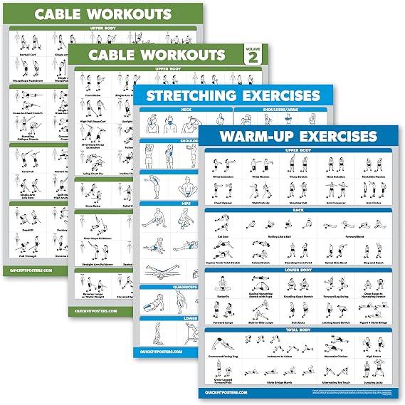4 Pack - Cable Machine Workout Poster Volume 1 & 2 + Stretching Exercises + Warm-up Exercises