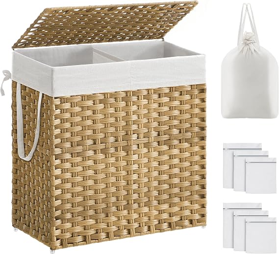 SONGMICS Laundry Basket with Lid, 110L, 2 Compartments, 57 x 33 x 60 cm