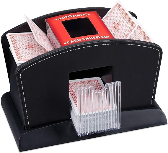 Relaxdays, black card shuffler electric, leather, 4 decks, automatic card shuffler for shuffling cards, standard