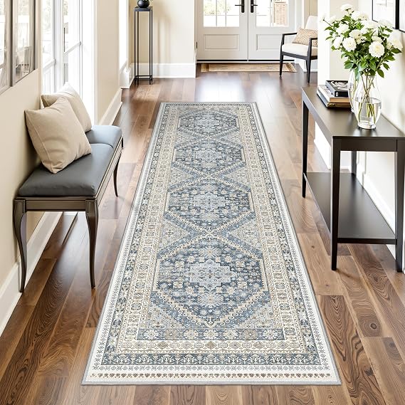 Runner Rug 2x8 Runners for Hallways Non Slip Washable, Blue/Beige