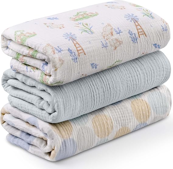 Soarwg Kids Muslin Cotton Baby Swaddle Blankets, 3-Pack, 95x100cm