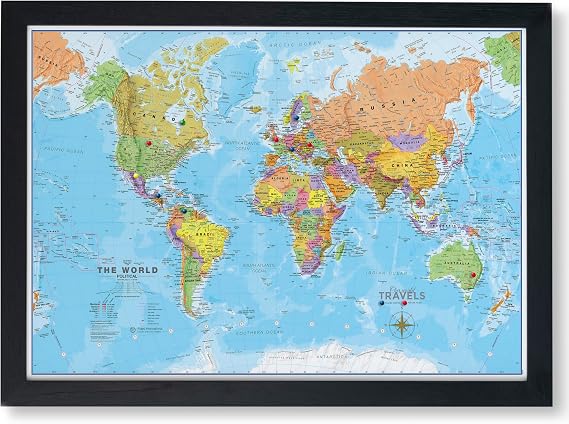 Framed Push Pin World Travel Map - Updated 2026 - Canvas Pin Board Black