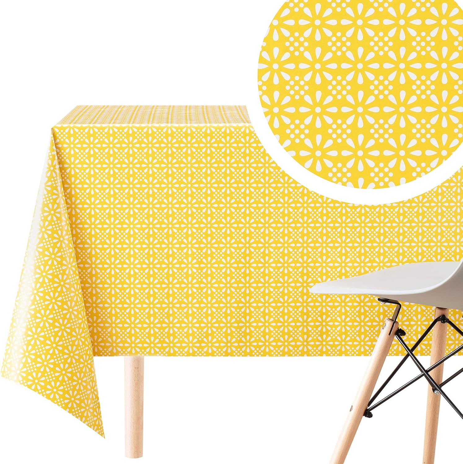 KP HOME Charming Beige Tone PVC Wipe Clean Table Cloth Square 140x140cm | 55x55In - 4 Seats Wipeable Tablecloth - Waterproof Vinyl Oilcloth | Cream Tone Geometric Retro Flower Floral Motif