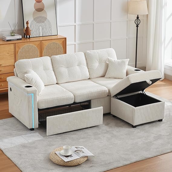 MAXYOYO Corner Sofa with Storage, Corduroy L-shaped Sofa Couch with LED & Cupholders & USB Charging Ports, 3-Seater Sofa with Convertable Ottoman for Living Room
