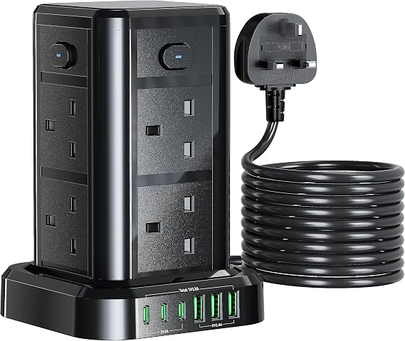 10M Tower Extension Lead with USB, Toomke 8 Way 6 USB Multi Socket Plug Extension, Overload Protection Tower Power Strip with Switches, 13A 3250W UK Socket Tower Power Cords 10 Meters for Home Office