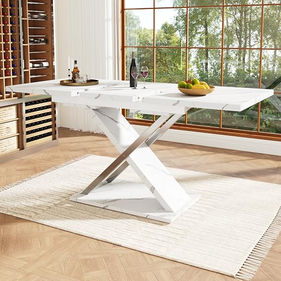 BTM Extendable dining table (157 × 75 cm), with cross legs for kitchen/living room, Minimalist dining table, Marble White + Silver