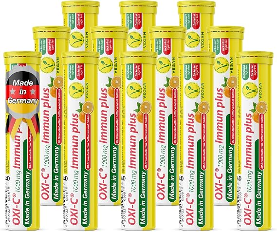 Vitamin C 1000 mg - 12 x 20 effervescent Tablets - Orange Flavour - Vegan - T&D Pharma Oxi-C Immun Plus - Made in Germany
