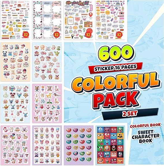 colortouch Colorful Sticker Set - 600 Adet Çocuk Sticker - Çocuklar, Kızlar, ve Gençler için Çıkartma Kitabı - Laptop, Günlük, Çocuk Odası, Duvar ve Dolap için Tatlı Etiket