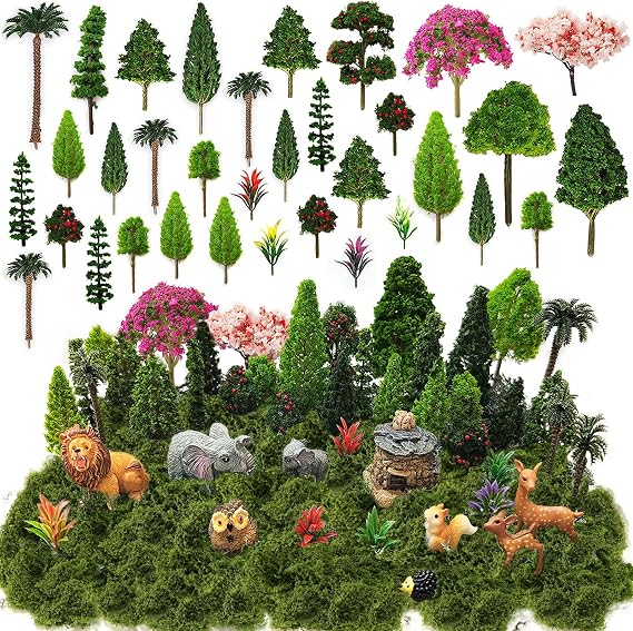 OrgMemory 45 Pcs Animal Tree, Moss, Forest Animals Figures, Plastic Trees for Projects, Model Train Scenery with No Bases, Miniature Trees Diorama Hobby Train Scenery