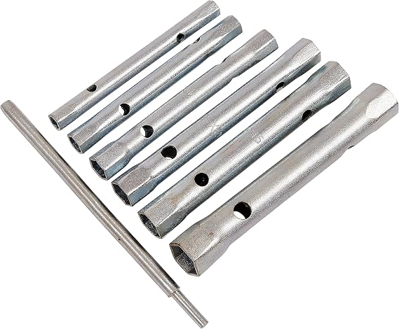 Amtech 6 pc Box Spanner & Tommy Bar Set (6 17 mm), Double-Ended Satin Finish Spanners with 150 mm Bar for Tight-Space DIY & Automotive Work