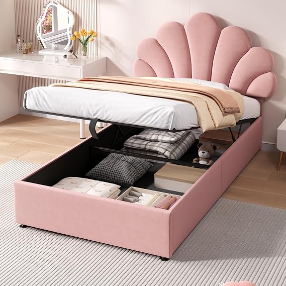 ModernLuxe 3FT Upholstered Single Bed Frame with Adjustable Petal-Shaped Headboard, Hydraulic Ottoman Bed with Hidden Storage, Solid Wood Slats, Velvet, Pink, 90x190cm (No Mattress)