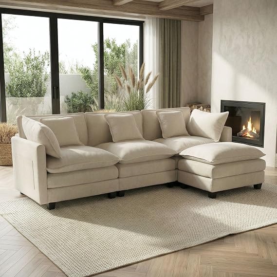 GRAVFORCE 239cm L Shaped Sofa with Movable Ottoman Footstool Chenille Beige