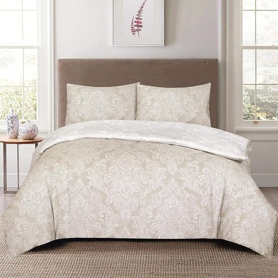 Duvet Covers Double Bed - Cotton Printed Double Bedding Duvet Set + 2 Pillow Cases for Bedroom Decor - Cream Beige