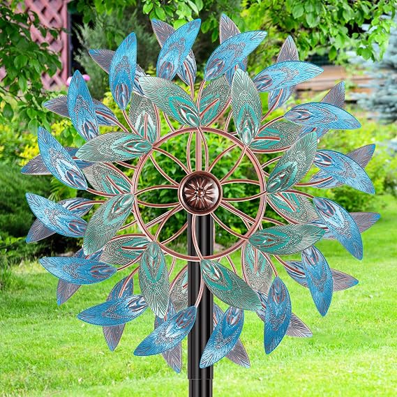 Metal Outdoor Wind Spinner, 2-Way Wind Sculpture Spinner with Metal Stake, Waterproof 360 Degrees Kinetic Windmill Art Decoration for Patio Garden Lawn (2 Turn Vintage Feathers B)