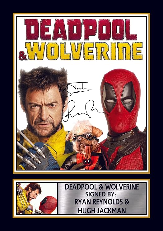 FoxyPrinting Deadpool & Wolverine Printed Autograph Poster – Ryan Reynolds & Hugh Jackman Marvel Movie Wall Art – Superhero Film Memorabilia Print, A4 Poster + Black Frame