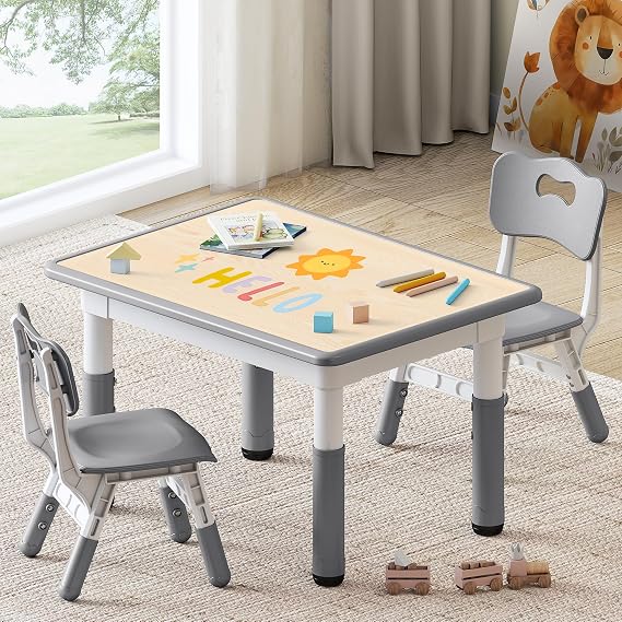 GITAWUSA Kids Study Table and Chairs Set, Height Adjustable Toddler Table and Chair Set for Kids Ages 3-8, 31.5" L x 23.6" W Graffiti Desktop Plastic Children Art Table with 2 Seats, Grey