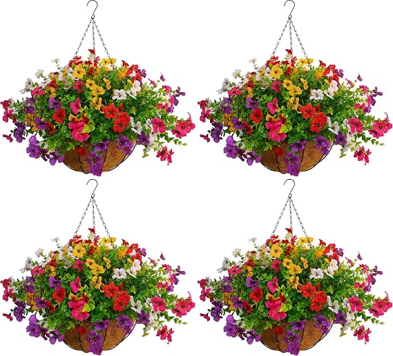 Home Decoration Multicolore Silk Flower Fake Flowers DIY Chain Hanging Basket Garden Wedding Ornaments Artificial Flower Violets (Big Basket) (Pack of 4)
