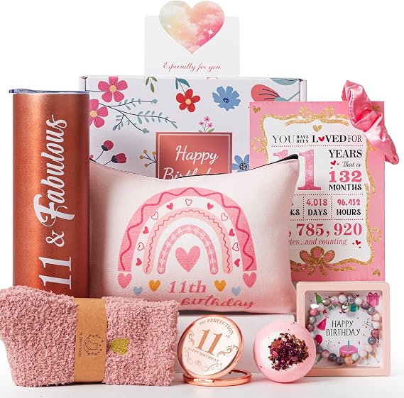 11th Birthday Gifts for Gifts,Unique Gifts Set Ideas for Turning 11 Year Old Girl Pamper Hamper Box,Happy Bday Present Basket Kit for Teen Girl Decorations for Sisters,Daughter,Niece, Granddaughter