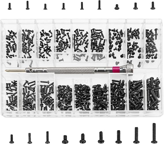 YIXISI 500 PCS Tiny Micro Repair Screw Kit, 18 Sizes Stainless Steel Tiny Screws with Screwdriver, M1.2 M1.4 M2 Watch Glasses Computer Replacement Screws Kit, Black