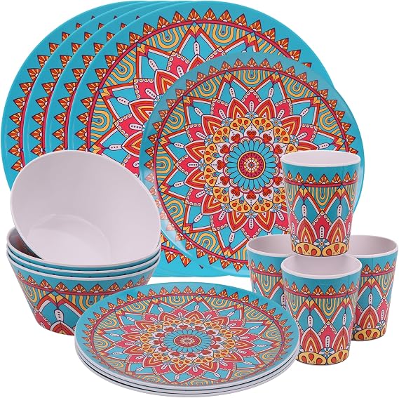 WedDecor 16Pcs Moroccan Design Melamine Dinnerware Sets for 4 People
