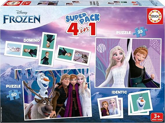 Educa - Superpack Frozen Elsa 4 in 1 | Puzzle 4 5 3 Years, Girl Table Game | 2 Puzzles 25 and 50 Pieces, Dominoes 28 Chips, Memory | Gift Girl 3 4 5 Years (19737)