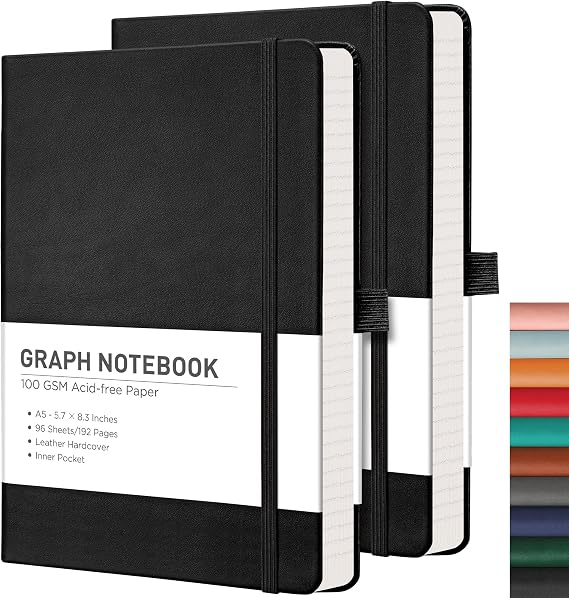 RETTACY Notebook A5, Graph Journal, 2-Pack, Hardcover Notepad, 384 Pages