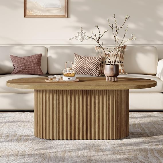 Tribesigns Oval Coffee Table, 47.2" Farmhouse Wooden Center Table with Fluted Design for Living Room, Office, Apartment, Rustic Brown