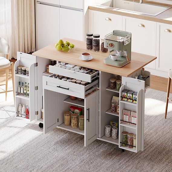 Kitchen Island on Wheels with Foldable Tabletop, White