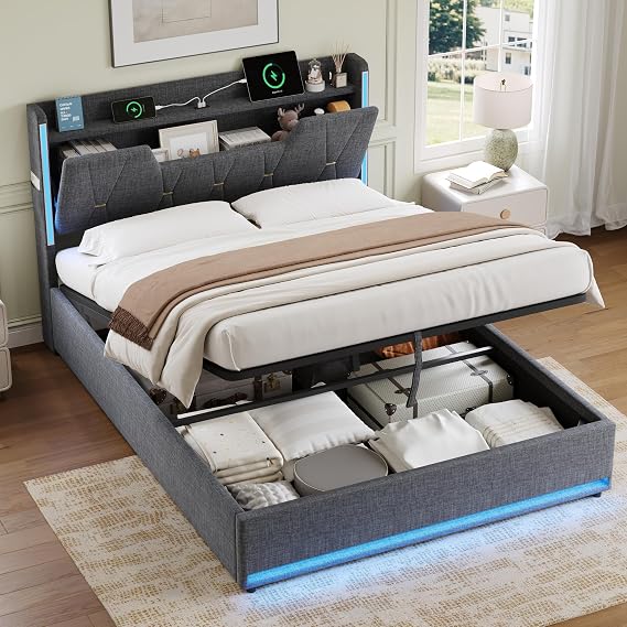 Miyemo Double Bed Frame with Storage, Ottoman Upholstered Bed Frame with Headboard Storage & Hydraulic, 4ft6 Linen Bed Frame with LED-Lighting & Charging-Station, 135x190cm, Grey, (No Mattress)
