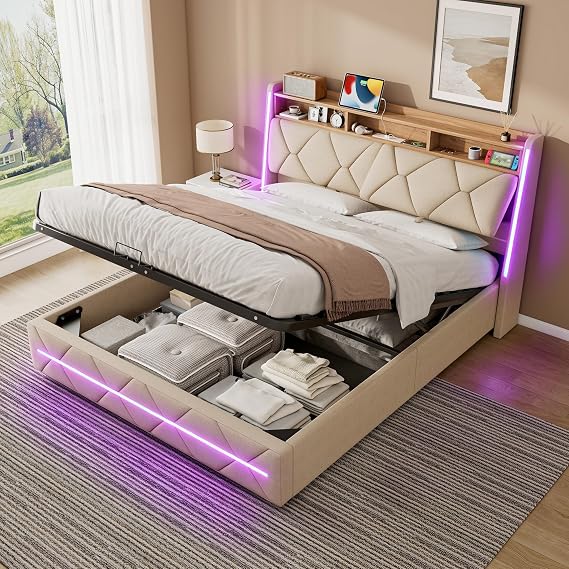 Double Bed Frame 4ft6 with USB C and LED, Double Ottoman Bed with Storage and Headboard, Beds, Frames and Bases with Metal Bedframe and Slats, Beige Linen, 135x190cm, Without Mattress