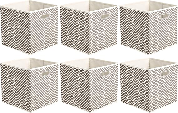 Amazon Basics Chevron Taupe Oval Grommets Fabric Foldable Storage Organizer Bins (26.7 x 26.7 11 Inch, Pack of 6)