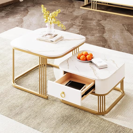 ModernLuxe 2-in-1 MDF Coffee Tables for Living Room, Square Coffee Table with High Gloss Marble Exterior, Gold Accents, Side Table with Drawer, Modern Nest of Tables for Saving Space, White