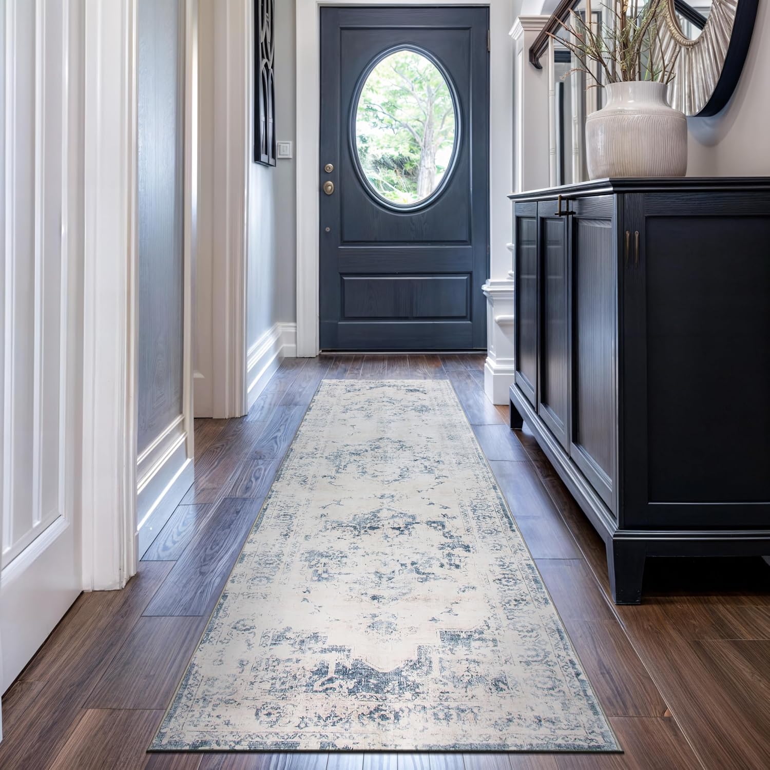 Rugshop Traditional Vintage Distressed Washable Non-Slip Runner Rug, 2' x 8', Blue