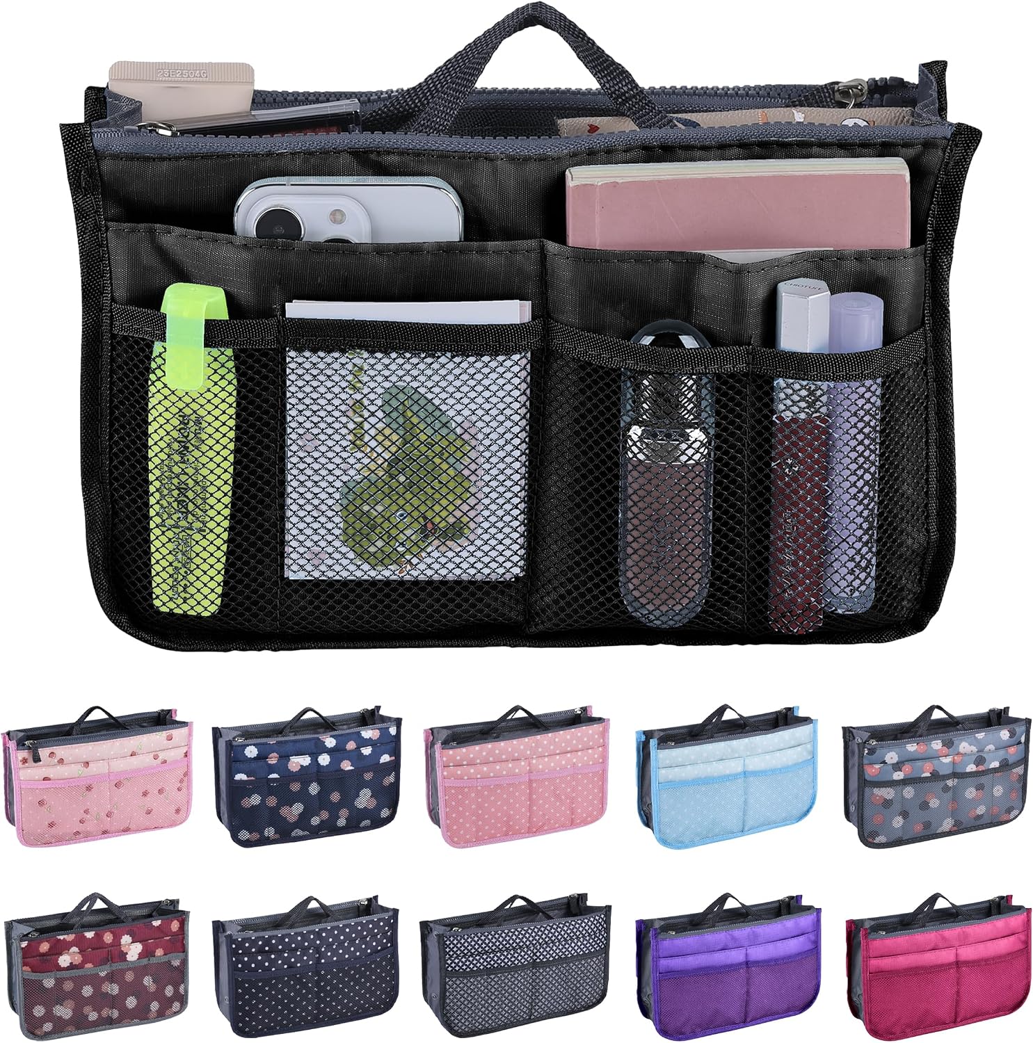 JJ PRIME - Multi-Compartment Handbag Insert | Expandable Liner Bag Pouch Zipper Closure | Tote Bag Organiser Insert with 13 Pockets and Handle for Easy Lifting Travel, Cosmetics, Toiletries, Black