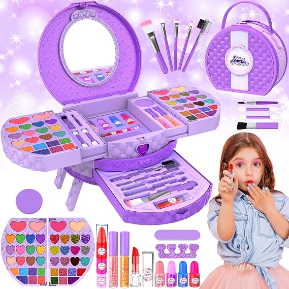 66Pcs Kids Makeup Set with Stand,Portable Starter Kit for Girls Age 3-12