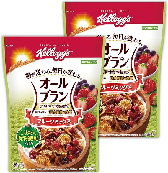 Kellog All-Bran Fruit Mix, 13.4 oz 380 g x 2 Packs, Set Purchase, Wheat Bran, Cereal, Intestinal Activation, Fermentation, Dietary Fiber