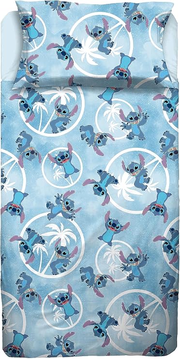Stitch – Single Bed Sheet Set, Flat Sheet, Fitted Sheet, Pillowcase, Blue, Disney, 100% Cotton, Official Product