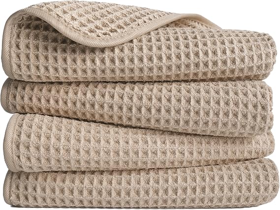 POLYTE Microfibre Lint Free Hand Towel, 40 x 76 cm, 4 Pack (Beige, Waffle Weave)