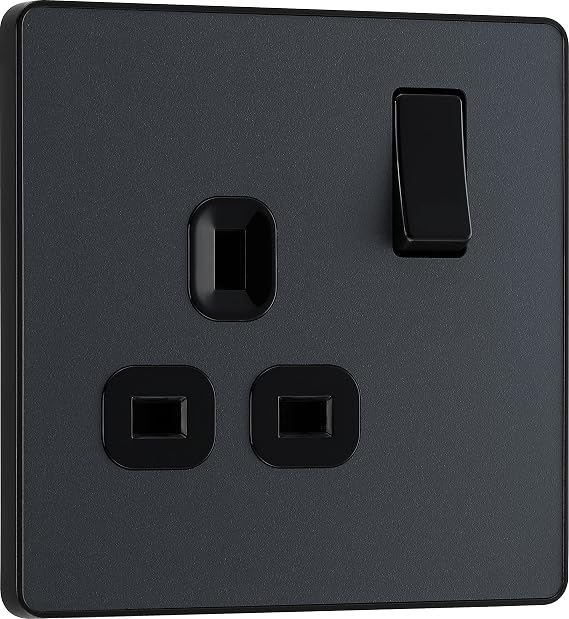 BG Electrical Single Switched Power Plug Wall Socket, Screwless Front Plate, Round Edges, Evolve, Matt Grey, 13A, PCDMG21B