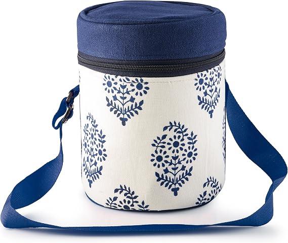 Thermally Insulated Blue Indian Leaf Tiffin Bag Carrier for 3-Tier Tiffin