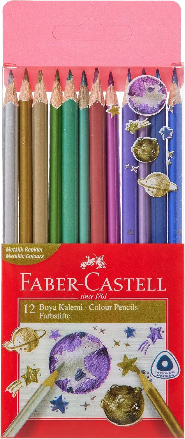 Faber-Castell Üçgen Kuru Boya Kalemi Metalik Renkler 12'li