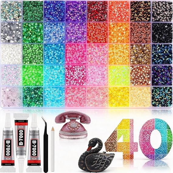 Bedazzling Kit with 40 Colors 3mm Flat Back Rhinestones, Shiny Crystal Gems for Nail Art & Craft Decoration, Including Pick Up Pen and Tweezer for DIY Projects on Clothing Shoes Accessories