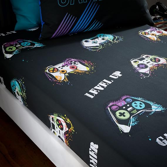 Catherine Lansfield Kids Bedroom Game Over Single Fitted Sheet 25cm Depth Black