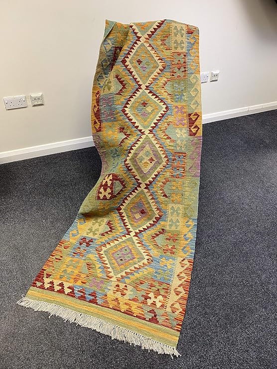 Afghan Kilim Rug Oriental Carpet (240cm x 75cm) - Handwoven, Vibrant, Reversible, Geometric, Tribal, Handmade using Vegetable Dyes