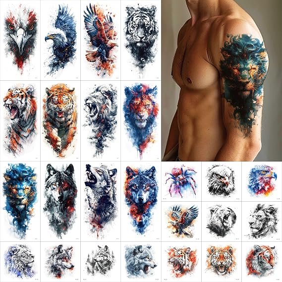Everjoy 25 Sheets Tough Beast Temporary Tattoo Stickers, 12 Sheets Large Arm Watercolor Animals Fake Tattoos, 13 Pcs Small Animals Tattoo Stickers For Men and Women