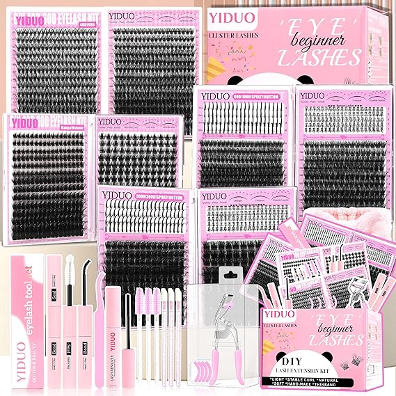YIDUO 8 Styles Mix Lashes Clusters Kit 4 Box 3D Cluster Lash Book Kit with Bond&Seal 1946Pcs 100D/200D/300D Fluffy Manga Eyelash Extension Gift Packs for Beginners Bulk Pack DIY at Home Easily
